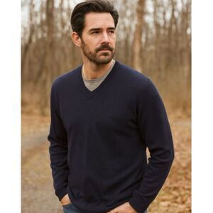 Eddie Bauer Cotton Merino Wool V-Neck Sweater Mens Sz 2XL Navy Classic Outdoors